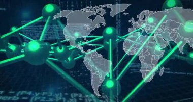 Dünya haritası üzerinde küresel ağ bağlantıları ve veri aktarımı animasyonu. Teknoloji, bağlantı, iletişim, dijital, internet, siber güvenlik kavramı