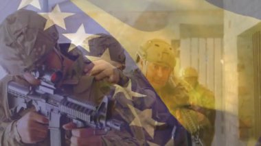 Tüfekler, Bosna ve Herzegovina bayrak animasyonu yapan askerler. Ordu, vatanseverlik, savaş, silahlı kuvvetler, savunma, eğitim kavramı