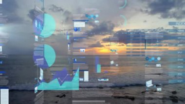 Okyanus batımı sahnesindeki grafikler ve çizelgeler. Veri, analitik, görselleştirme, finans, iş, teknoloji