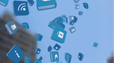 Mavi gökyüzü animasyonunda yüzen sosyal medya simgeleri, çevrimiçi bağlantıyı temsil ediyor. ağ, teknoloji, iletişim, internet, illüstrasyon, bulut hesaplama