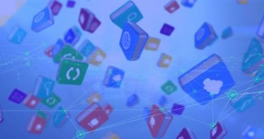 Uygulama simgelerine ve ağ bağlantılarına sahip dijital dünya, mavi arkaplan üzerinde animasyon. Teknoloji, bağlantı, iletişim, sanal, geleceksel, veri