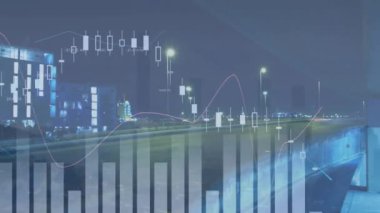 Finansal veriler trafik ışıklarının hareket ettiği şehir manzarasının animasyonlarını gösteriyor. Finans, analitik, ekonomi, iş, istatistik, büyüme