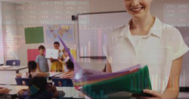 Sınıftaki öğretmen ve öğrencilerin finansal veri işleme animasyonları. Eğitim, teknoloji, analitik, veri görselleştirme, öğrenme, finans kavramı