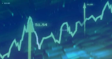 Soyut mavi arkaplan üzerinde yükselen eğilim animasyonuna sahip mali veri grafiği. Finans, büyüme, teknoloji, analiz, animasyon, istatistik