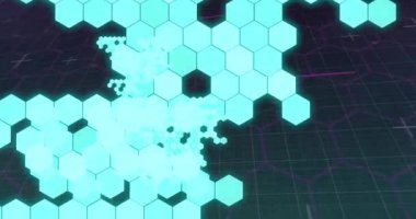 Altıgen ızgara ve karanlık arkaplan üzerinde veri canlandırma animasyonu. dijital, teknoloji, ağ, fütürist, analitik, arayüz