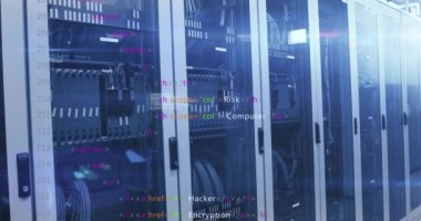 Veri merkezindeki sunucu rafları üzerinde HTML kod animasyonu. Teknoloji, siber güvenlik, kodlama, ağ oluşturma, sunucular, siber güvenlik kavramı