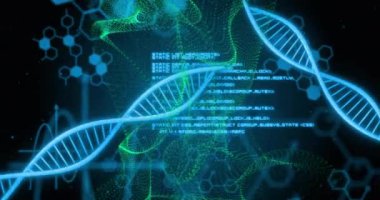 Veri işleme animasyonlu DNA iplikleri ve moleküler yapılar. Bilim, teknoloji, araştırma, biyoteknoloji, genetik, genom kavramı