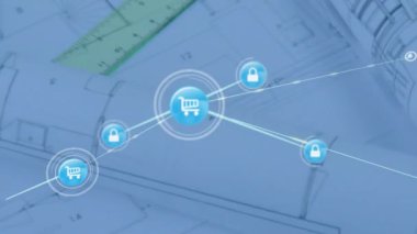 Mimari planlar üzerinden alışveriş arabası ağı ve kilit simgeleri animasyonu. E-ticaret, siber güvenlik, mimari, tasarım, online alışveriş, güvenlik