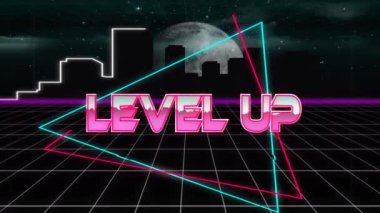 Metin animasyonunu neon geometrik şekillere ve şehir manzarasına göre ayarla. Oyun, fütüristik, teknoloji, dijital, kentsel, tipografi