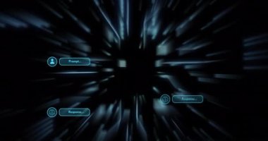 Tepki ve Prompt metni ile dijital arayüz, gelecekteki veri işleme animasyonu. Teknoloji, siber, yapay zeka, UI, UX, ekran