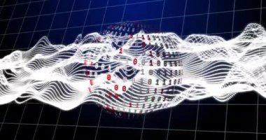 İkili kod ve dalga desenleri şebeke arka planında. Teknoloji, veri, dijital, kodlama, matris, fütürist