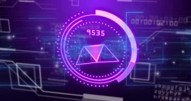 Ethereum sembolü ve dijital veri işleme animasyonu fütüristik mor arka plan üzerinde. Kripto para birimi, engelleme zinciri, teknoloji, finans, merkeziyetçi, akıllı sözleşmeler