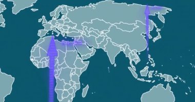 Avrupa ve Afrika üzerinde veri işleme animasyonu olan dünya haritası. Küresel, teknoloji, analitik, görselleştirme, dijital, ağ