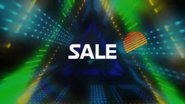 Neon geometrik şekiller ve ışık desenleri üzerinde satılık metin animasyonu. Promosyon, indirim, perakende, reklam, pazarlama, renkli