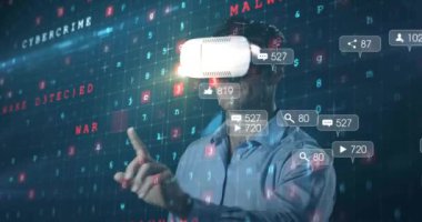 VR kulaklık takan, sosyal medya ve veri işleme animasyonlarıyla çevrili bir adam. Teknoloji, sanal gerçeklik, dijital, yenilik, dolambaçlı, ağ