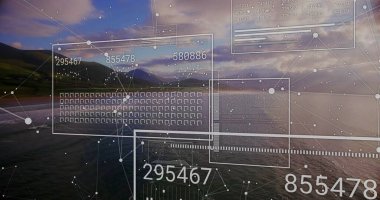 Manzara üzerinde veri işleme resmi. Küresel iş, bağlantılar, hesaplama ve veri işleme kavramı dijital olarak oluşturulmuş resim.