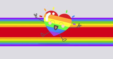 Gökkuşağı arka planında mutlu gökkuşağı kalbi tasviri. Gurur, kutlama ve dijital arayüz kavramı, dijital olarak oluşturulmuş görüntü.