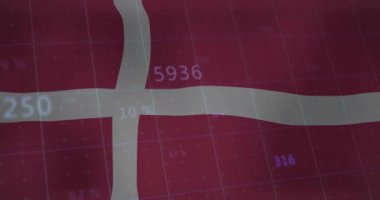 Kırmızı zemin üzerinde finansal veriler ve istatistik animasyonları olan Danimarka bayrağı. Ekonomi, finans, borsa, grafik, para birimi, yatırım