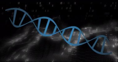 DNA dizisi ve ikili kodlama, bilimsel veri işleme animasyonu. Biyoteknoloji, genetik, biyoenformatik, dijital, moleküler, genom