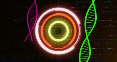 DNA iplikleri, dairesel dijital arayüz, bilimsel veri işleme animasyonu. Bilim, teknoloji, genetik, biyoteknoloji, analiz, moleküler