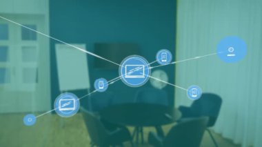 Ofis toplantı odası arka planında bağlı aygıt animasyonu ağı. Teknoloji, bağlantı, yenilik, takım çalışması, işbirliği, dijital