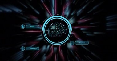 Dijital beyin ağı ve veri işleme animasyonu karanlık arka planda neon çizgilerle. Yapay zeka, teknoloji, fütürist, görselleştirme, siber, sanal