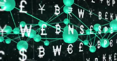Para birimi sembolleri ve ağ bağlantıları finansal veri arkaplanı üzerinde animasyon. Finans, teknoloji, dijital, ekonomi, küresel, ticaret
