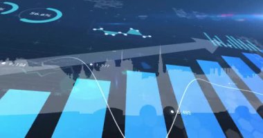 Şehir silueti üzerinde bar ve çizgi grafikleriyle finansal veri analizi. Finans, şehir manzarası, bar grafiği, istatistik, ekonomi, iş