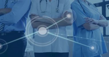 Çapraz kollar, ağ bağlantılarının başında duran tıbbi profesyoneller animasyon. Sağlık, takım çalışması, teknoloji, yenilik, işbirliği, dijital konsept