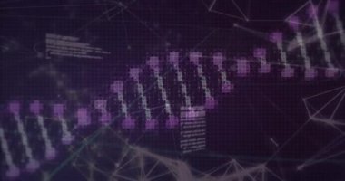 Soyut ağ bağlantıları üzerinden DNA ipliği ve ikili kodlama. Teknoloji, bilim, genetik, biyoteknoloji, veri, dijital