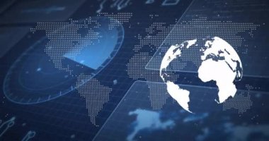 Dünya haritası ve küresel bağlantılar mavi dijital şebeke üzerinde animasyon. technology, data, network, futuristic, communication, virtual