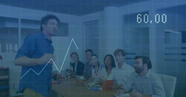 Ofis sahnesinde finansal grafik animasyonuyla iş toplantısı. sunum, takım çalışması, planlama, analiz