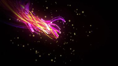 Renkli kıvrımlı ışık yolları ve parçacıklar, soyut animasyon. hareket, enerji, canlı, dinamik, parlayan, neon