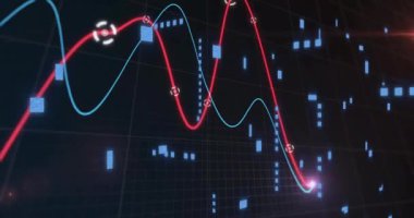 Dijital şebeke animasyonunda kırmızı ve mavi dalgalanan çizgiler. analitik, teknoloji, fütüristik, bilgi, görselleştirme, örüntü