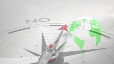 Dünya haritası animasyonu üzerinde EVET ve HAYIR metni olan pusula. Navigasyon, karar, yön, keşif, yolculuk, küresel