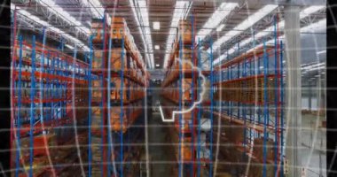 Raflar ve kutularla dolu bir depoda yapay zeka animasyonu. Teknoloji, yapay zeka, yenilik, lojistik, otomasyon, depolama