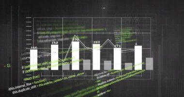 Yeşil programlama kodu ve verisi üzerinde çizgi ve çizgi grafik animasyonu. analitik, teknoloji, finans, istatistik, büyüme, analiz