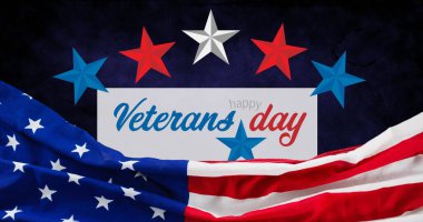 Gaziler günü mesajları ve arka planda bayrak sallayan ABD resmi. Gaziler Günü konsepti dijital olarak oluşturuldu.