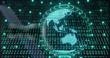 İkili kodlama dijital veri işleme görüntüsü. Dijital olarak oluşturulmuş küresel bağlantılar, hesaplama ve veri işleme kavramı.