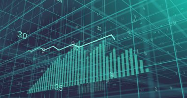 Mavi arkaplan üzerinde istatistiksel veri işleme resmi. Bilgisayar arayüzü ve iş veri teknolojisi kavramı