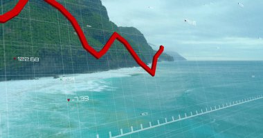 Deniz manzarası üzerinde kırmızı çizgi ve finansal veri işleme resmi. Küresel finans, iş, bağlantılar, hesaplama ve veri işleme kavramı dijital olarak oluşturuldu.
