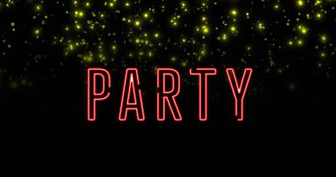 Yanıp sönen sarı ışıkların üzerindeki parti mesajının resmi. Geçmişe dönük, soyut arkaplan ve dijital arayüz kavramı dijital olarak oluşturuldu.