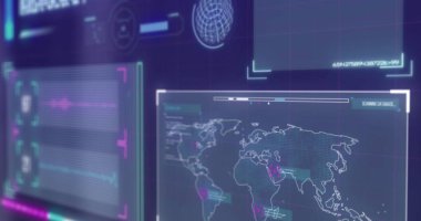 Mavi arka planda dünya haritası ve veri işleme arayüzü görüntüsü. Bilgisayar arayüzü ve iş teknolojisi kavramı