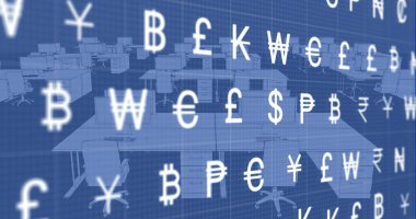 3D ofis modeline karşı ızgara ağı üzerinden çoklu para birimi sembollerinin resmi. Küresel ekonomi ve iş teknolojisi kavramı