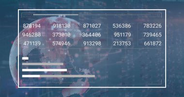 Sayıları, grafikleri, çubukları çubuklar üzerinde yükleme ve dönen dünyayı gösteren resim. Dijital olarak üretilen hologram, illüstrasyon, rapor, iş dünyası, büyüme, ilerleme ve küreselleşme kavramı.