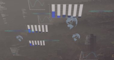 Şehir manzarasının hava görüntüsüne karşı veri işleme görüntüsü. Bilgisayar arayüzü ve iş teknolojisi kavramı