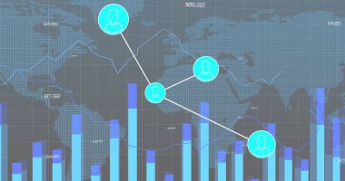 Gri arkaplandaki dünya haritasında profil simgeleri ağı resmi, istatistiksel veri işleme. Küresel ekonomi ve iş veri teknolojisi kavramı