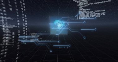 6G metin resmi, siyah arkaplan üzerinde dijital veri işleme. Dijital olarak oluşturulmuş küresel bağlantılar, hesaplama ve veri işleme kavramı.