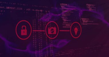 Soyut arkaplana karşı programlama dili üzerine bağlı simgelerin resmi. Dijital olarak üretilmiş, hologram, iletişim, fikirler, kodlama, makine öğrenme ve teknoloji kavramı.