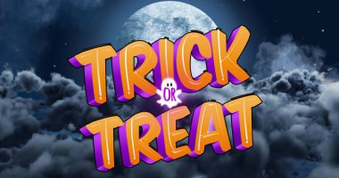 Image of trick or treat halloween text over night sky with moon. halloween tradition and celebration concept digitally generated image.